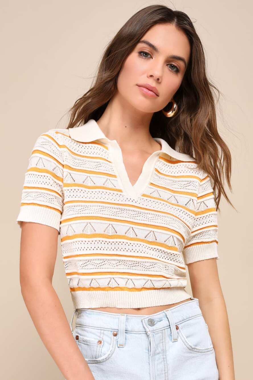 Lulus Sunny Lifestyle Cream Striped Pointelle Knit Collared Top